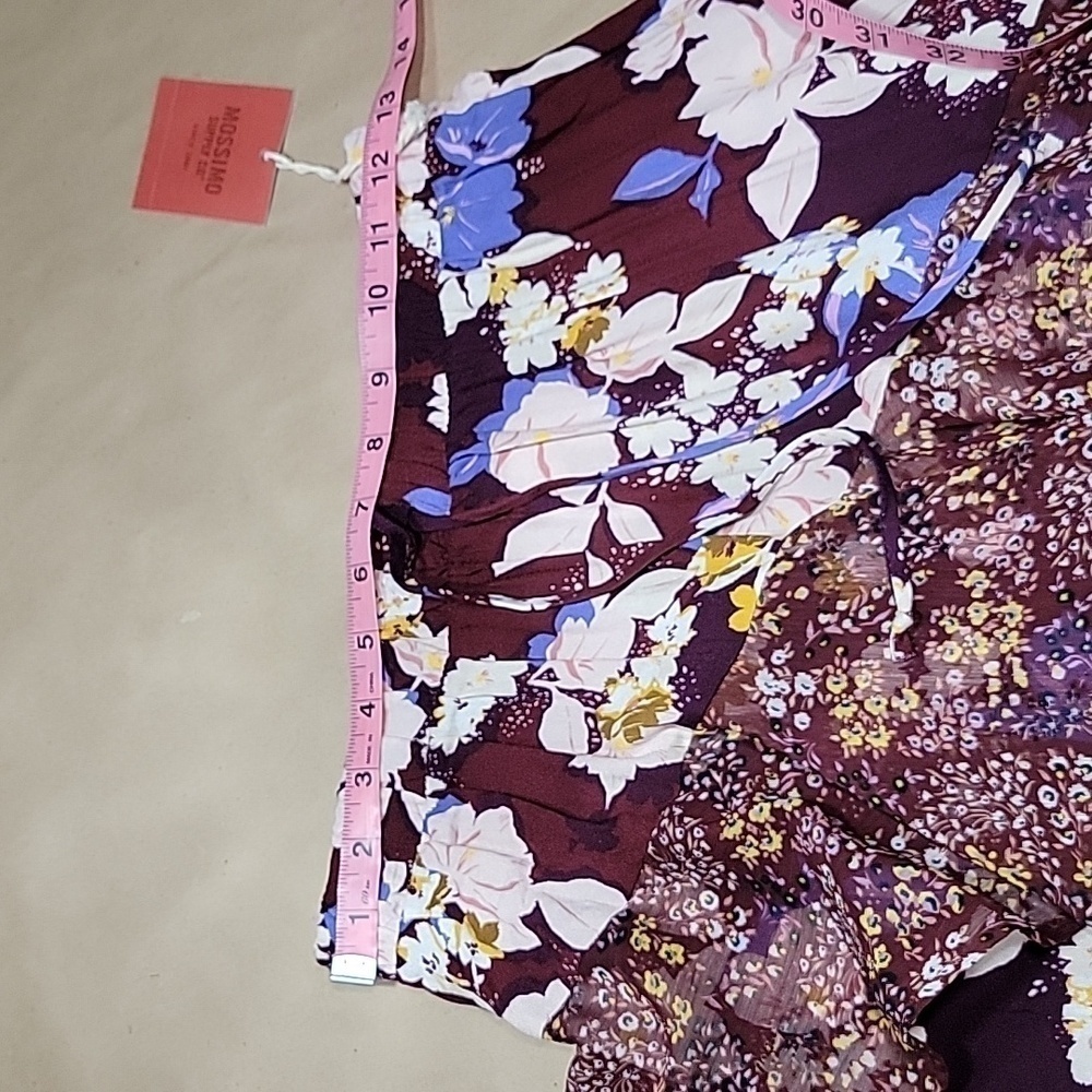 Mossimo Size XS Burgundy Floral Ruffle Midi Skirt Asymmetrical Hem, NEW with Tag - Picture 9 of 13